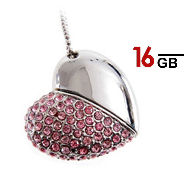 Heart Shape 16GB USB 2.0 Pen Drive Pink Metal & Crystal Design
