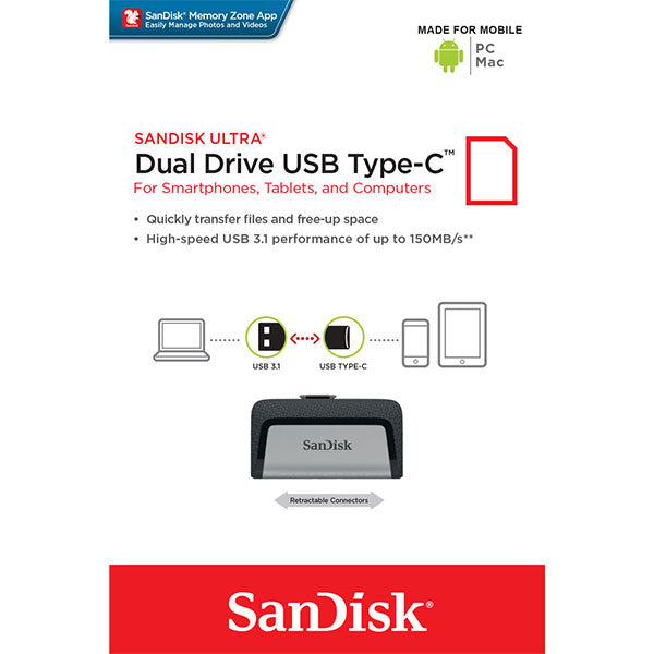 SanDisk 256GB Dual USB 3.1 Flash Drive with Type-C and Type-A Connectors