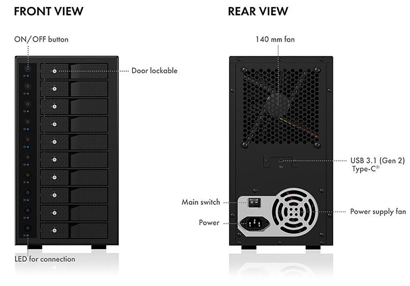 ICY BOX IB-3810-C31 SINGLE enclosure for 10x HDD with USB 3.1 (Gen 2) Type-C or Type-A interface - SuperSaverAU - view 7