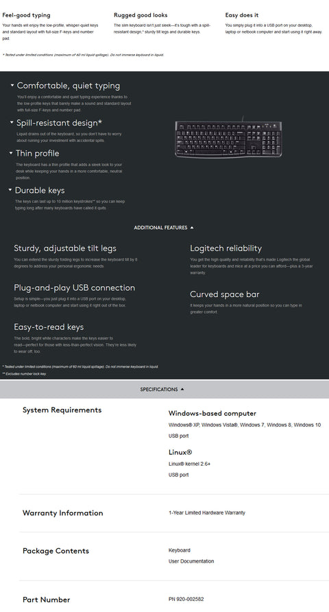 Logitech K120 USB Wired Keyboard Durable Design Adjustable Tilt Legs - SuperSaverAU - view 2