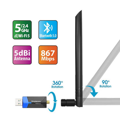 Simplecom NW632 Dual Band AC1200 Wi-Fi 5 and Bluetooth 5.0 USB 3.0 Adapter with 5dBi Antenna