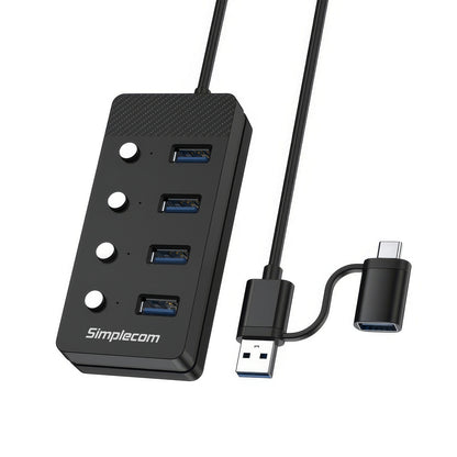Simplecom CH345C SuperSpeed USB-A and USB-C to 4-Port USB 3.0 Hub 5Gbps Individual Switches and Power Adapter
