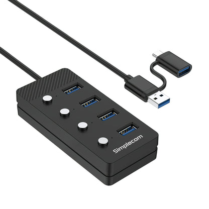 Simplecom CH345C SuperSpeed USB-A and USB-C to 4-Port USB 3.0 Hub 5Gbps Individual Switches and Power Adapter
