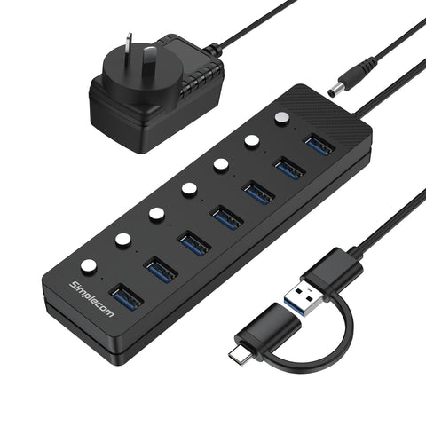 Simplecom CH375C USB-A and USB-C to 7-Port USB 3.0 Hub 5Gbps Individual Switches and Power Adapter - SuperSaverAU - view 1