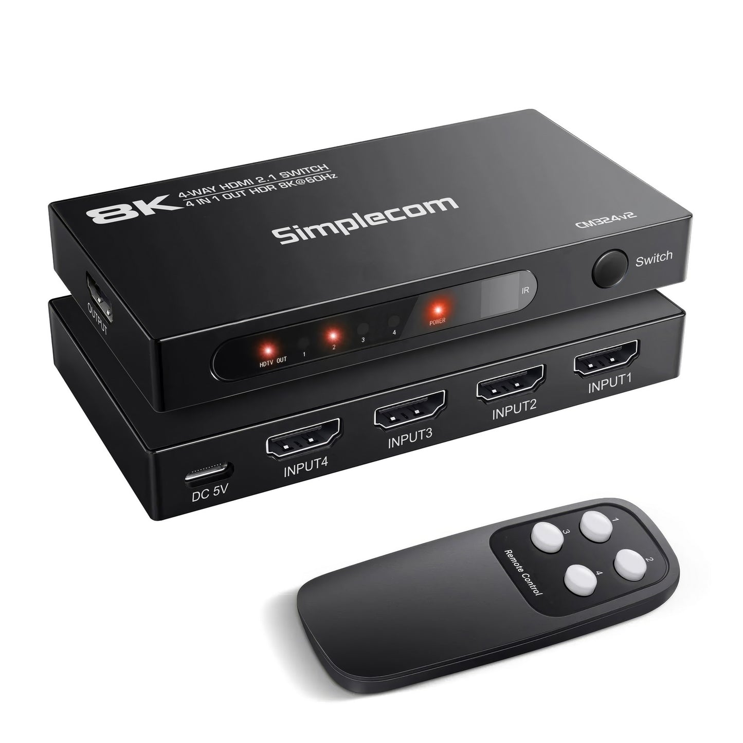 Simplecom CM324v2 4-Port HDMI 2.1 Switch with Remote 4 IN 1 OUT Splitter HDCP 2.3 8K@60Hz