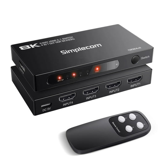 Simplecom CM324v2 4-Port HDMI 2.1 Switch with Remote 4 IN 1 OUT Splitter HDCP 2.3 8K@60Hz