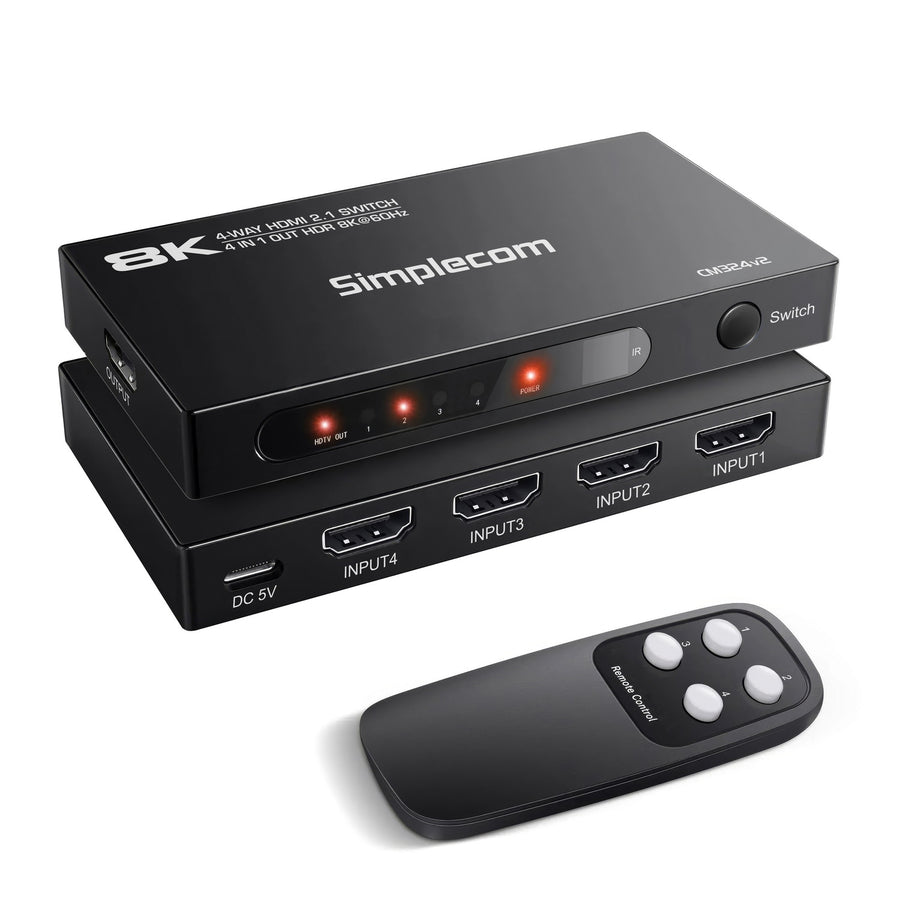 Simplecom CM324v2 4-Port HDMI 2.1 Switch with Remote 4 IN 1 OUT Splitter HDCP 2.3 8K@60Hz - SuperSaverAU - view 1