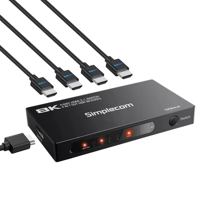 Simplecom CM324v2 4-Port HDMI 2.1 Switch with Remote 4 IN 1 OUT Splitter HDCP 2.3 8K@60Hz