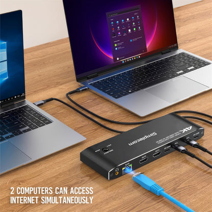 Simplecom KM590 2-Port USB-C Dual 4K HDMI Monitor KVM Switch and Docking Station with Network Sharing