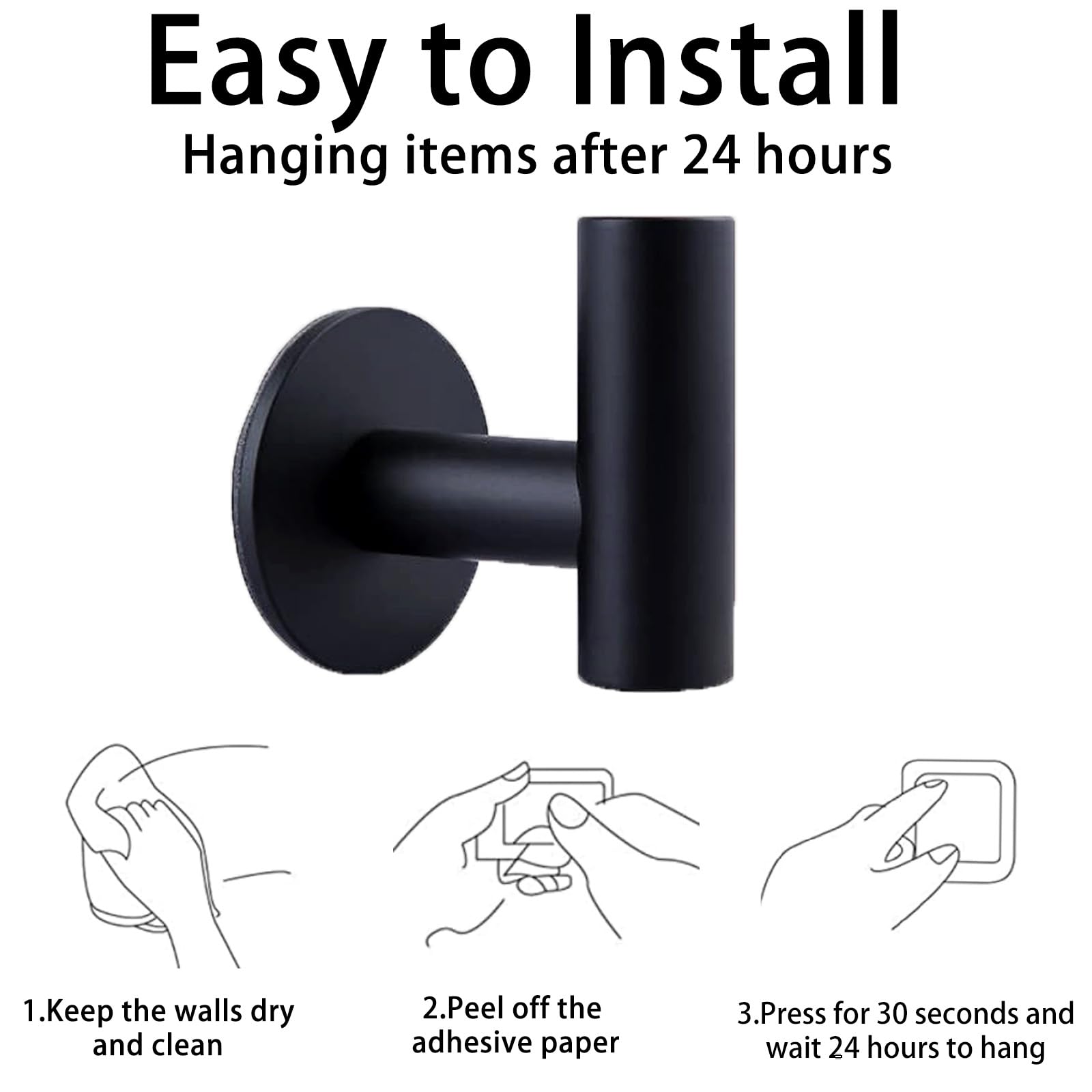 Premium Black 2 Pack Self Adhesive 304 Stainless Steel Towel Hooks