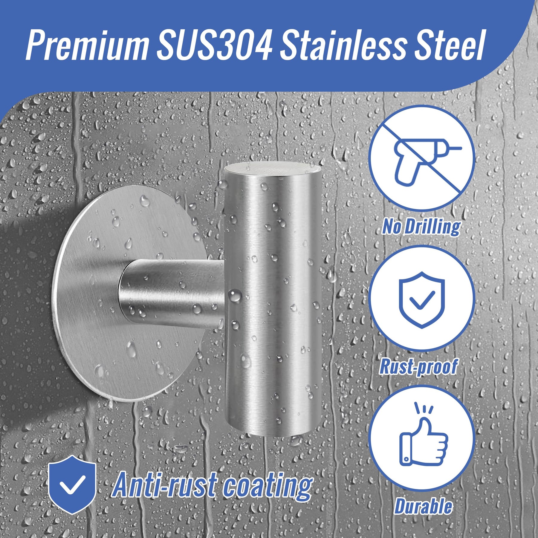Premium Brushed Nickel 2 Pack Self Adhesive 304 Stainless Steel Towel Hooks