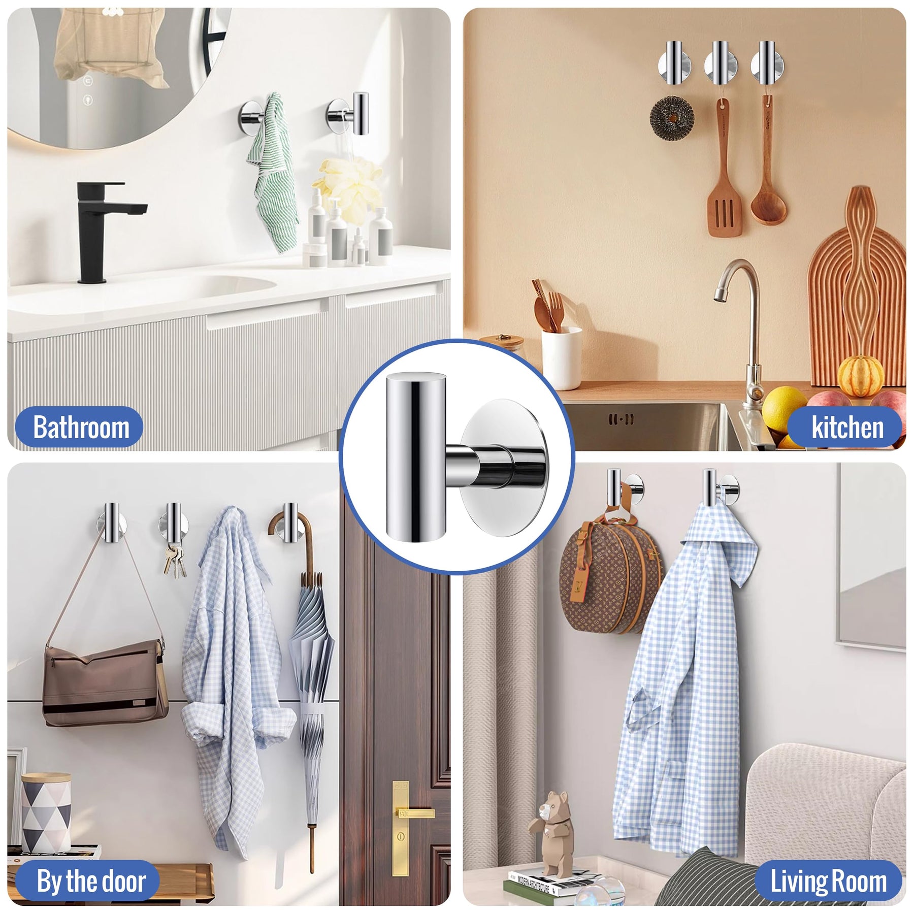 Premium Polished Chrome 2 Pack Self Adhesive 304 Stainless Steel Towel Hooks