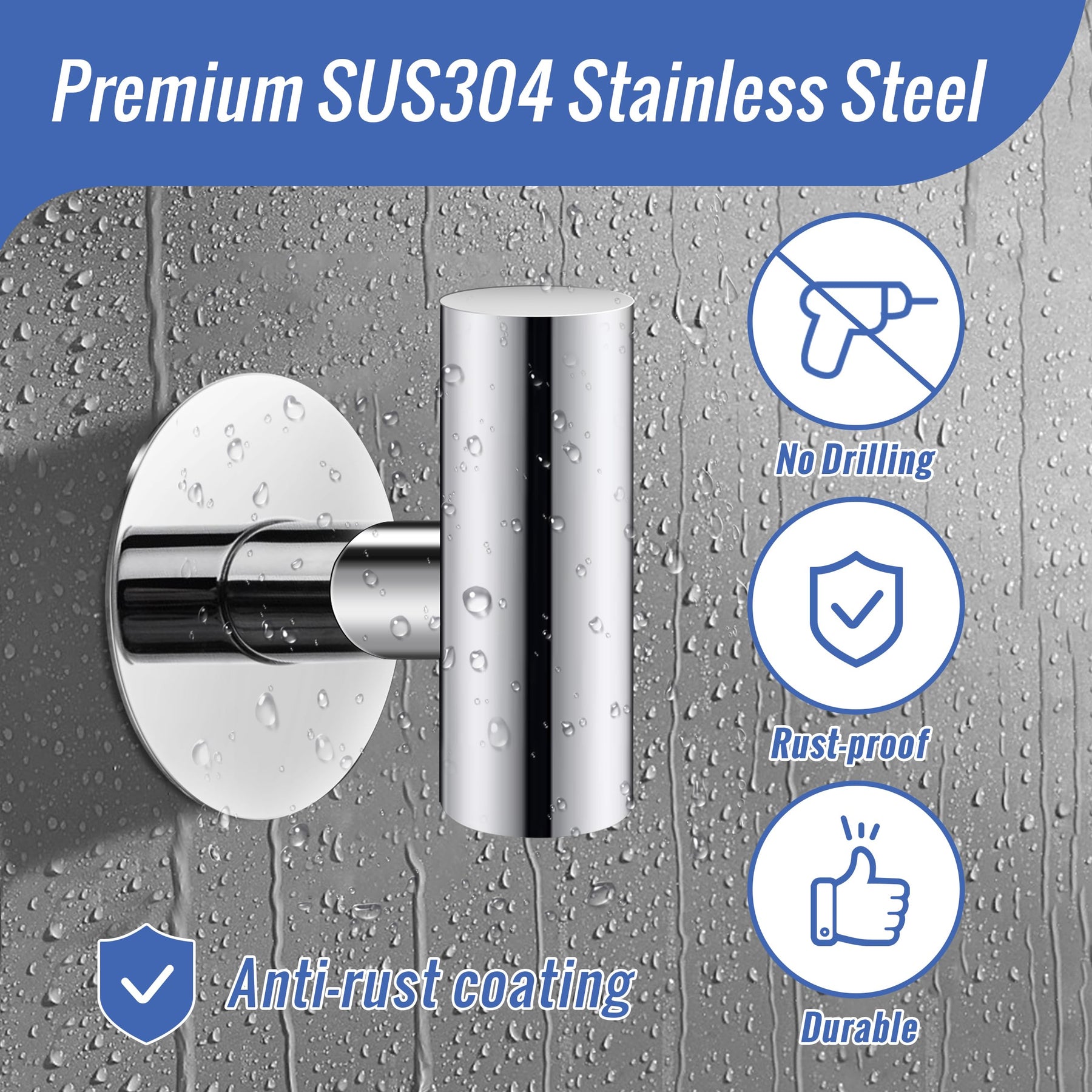 Premium Polished Chrome 2 Pack Self Adhesive 304 Stainless Steel Towel Hooks