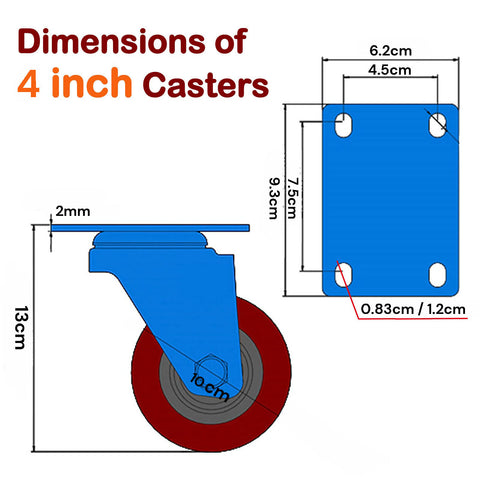 4 inch Heavy Duty Casters Lockable Caster Wheel Swivel Casters Castor with Brakes for Furniture and Workbench Cart - SuperSaverAU - view 2