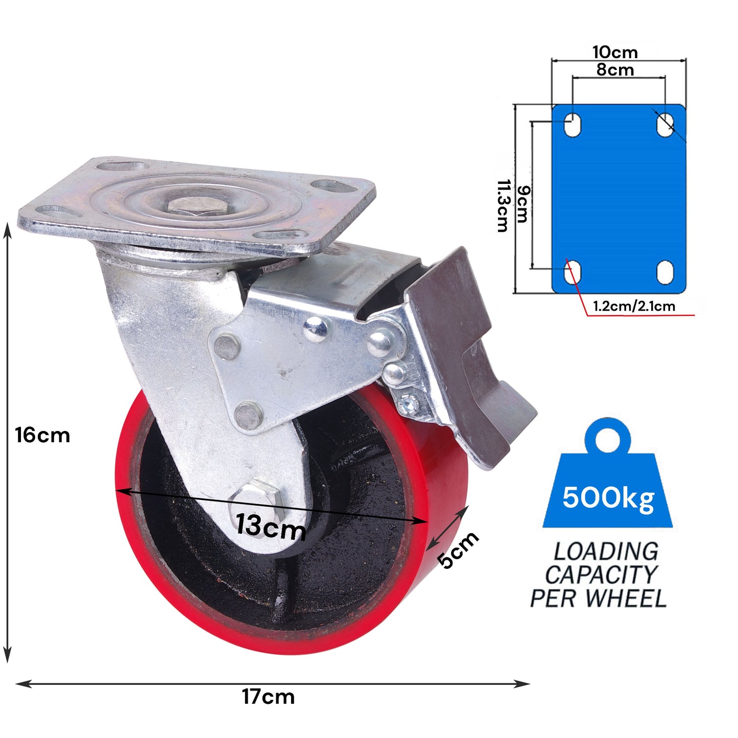 5 inch Industrial Swivel Caster Wheels with Brake - 500KG Capacity