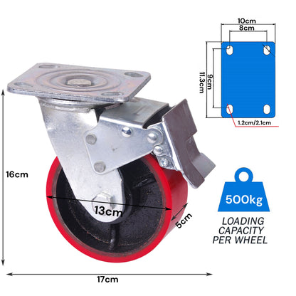 5 inch Industrial Swivel Caster Wheels with Brake - 500KG Capacity