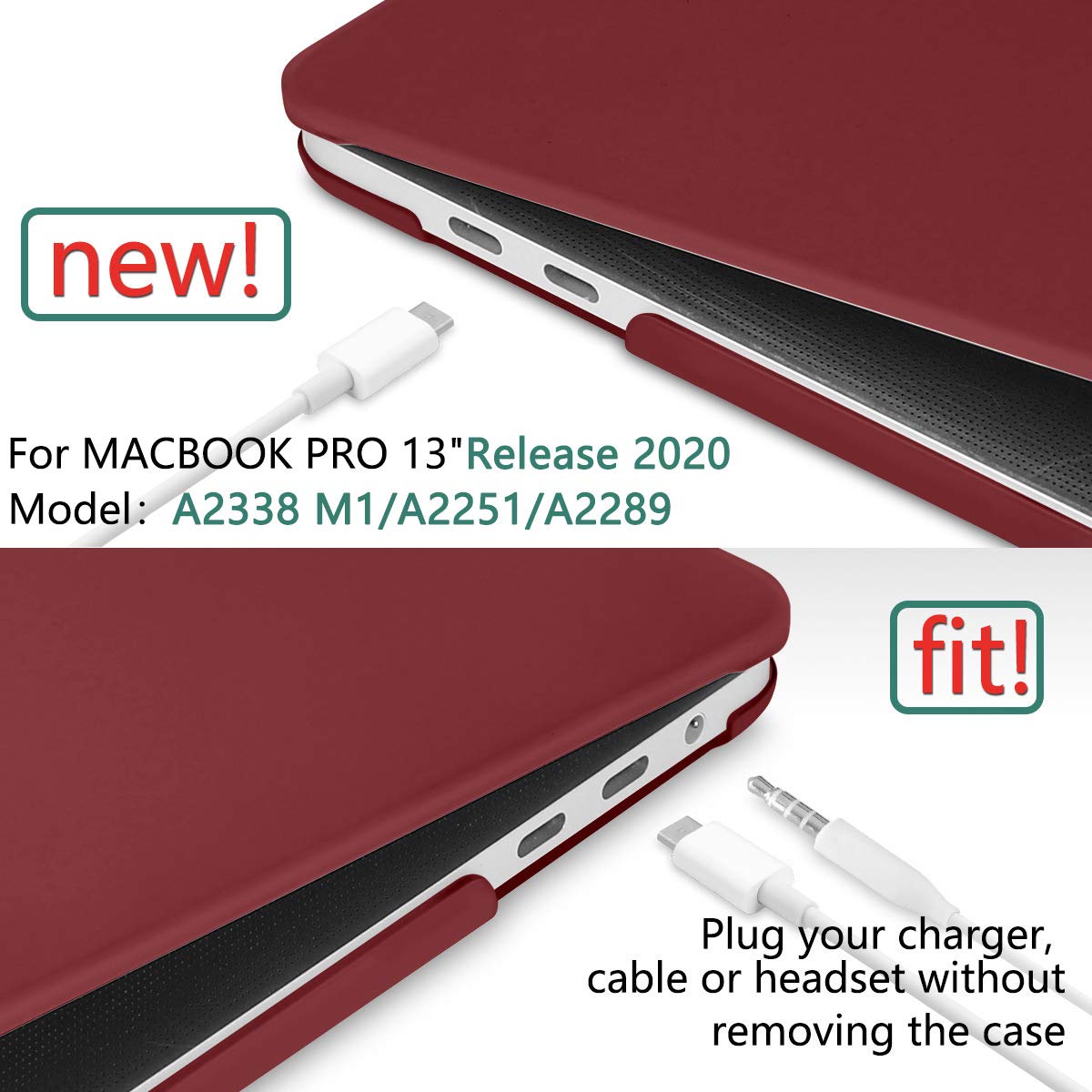 Premium Wine Red MacBook Pro 13 Hard Shell Case with Keyboard Cover A2338 A2289 A2251 A2159