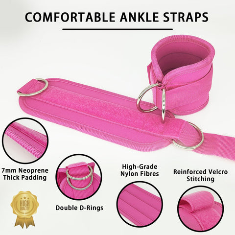 2x Adjustable Ankle Straps for Cable Machines D-Rings Gym Cuff Kickbacks Glute Workouts Leg Extensions Straps Hip Pink - SuperSaverAU - view 2