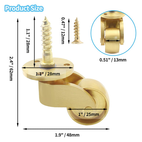 Brass Caster Wheel 1" / 25mm Swivel 360-Degree for Furniture, 100kg Load - SuperSaverAU - view 2