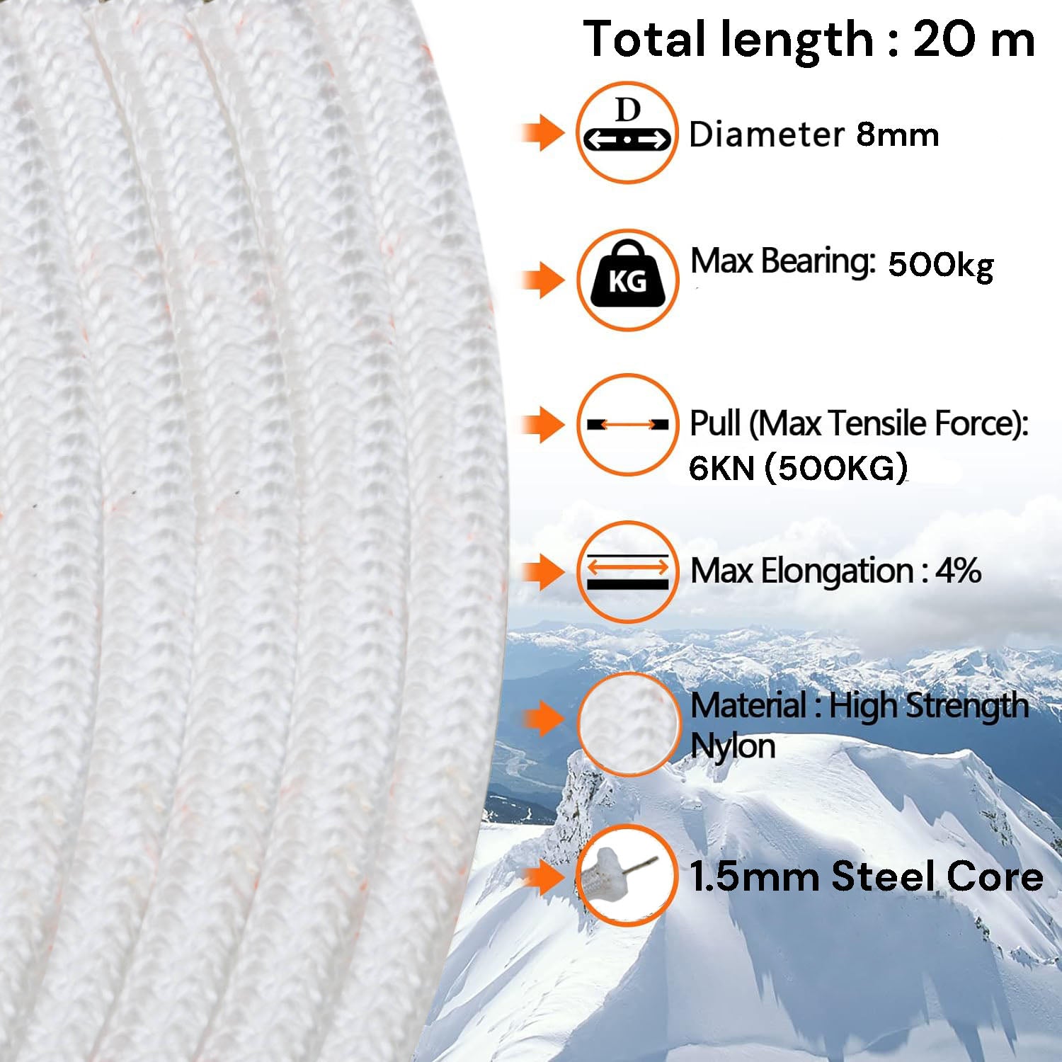 Nylon Rock Climbing Rope 8mm 20m with Steel Core, Waterproof & UV Resistant - SuperSaverAU - view 3