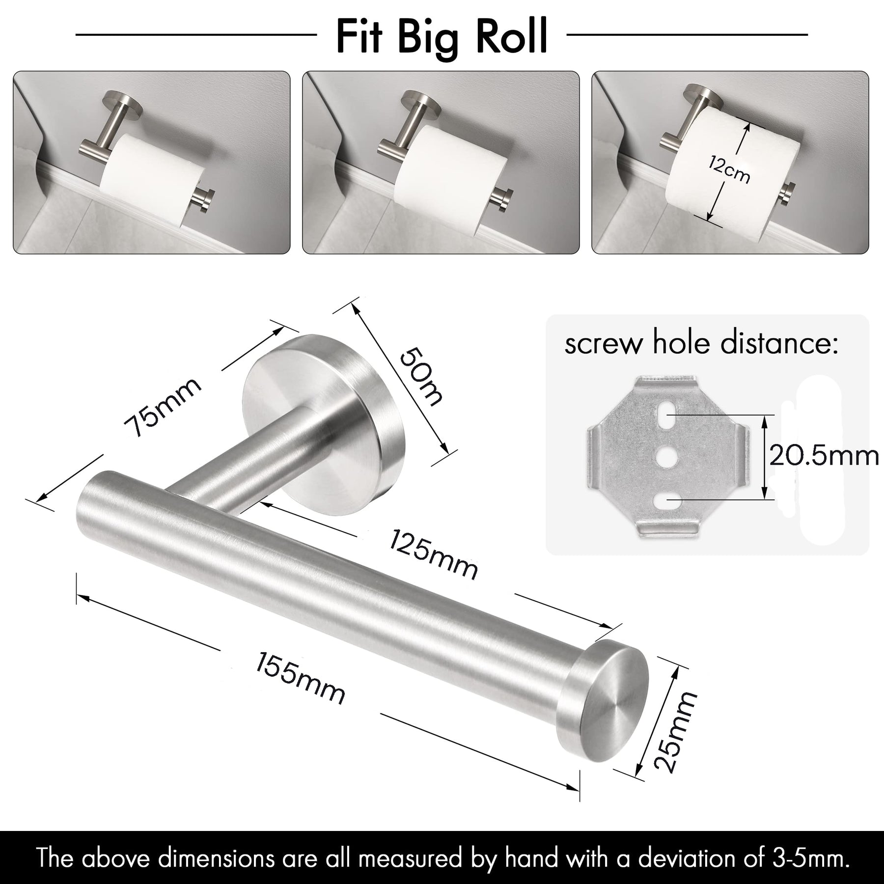 Brushed Silver Toilet Paper Holder, SUS304 Stainless Steel, 75mm x 155mm x 25mm - SuperSaverAU - view 7