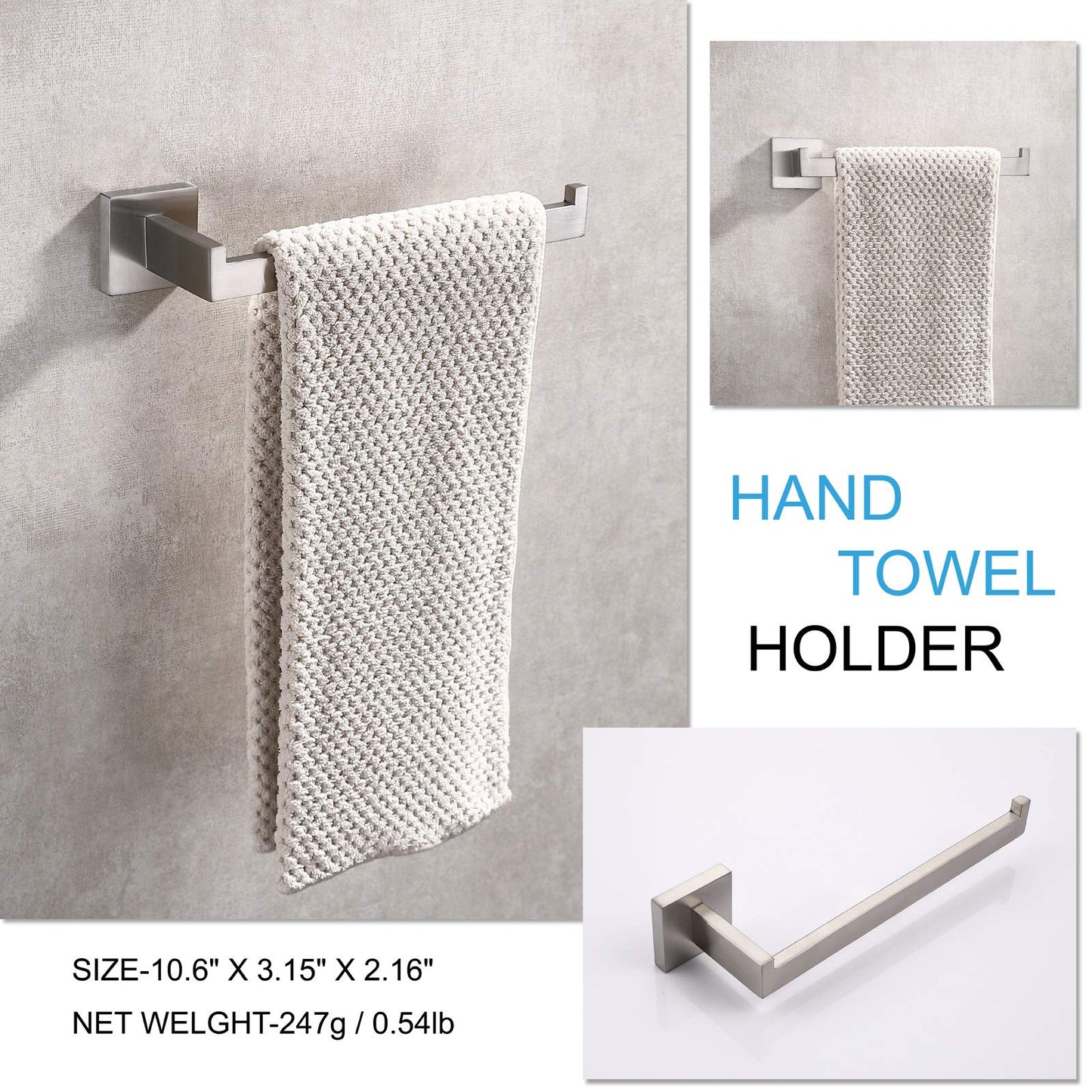 SUS304 Stainless Steel Square Hand Towel Holder Ring 25cm Brushed Nickel