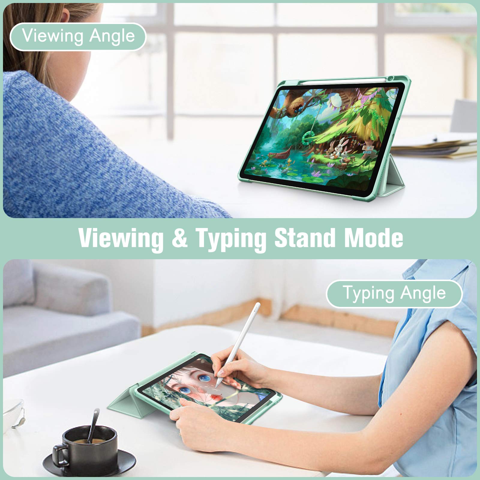 Premium Green iPad 10th Gen 10.9 Smart Clear Case with Pencil Holder