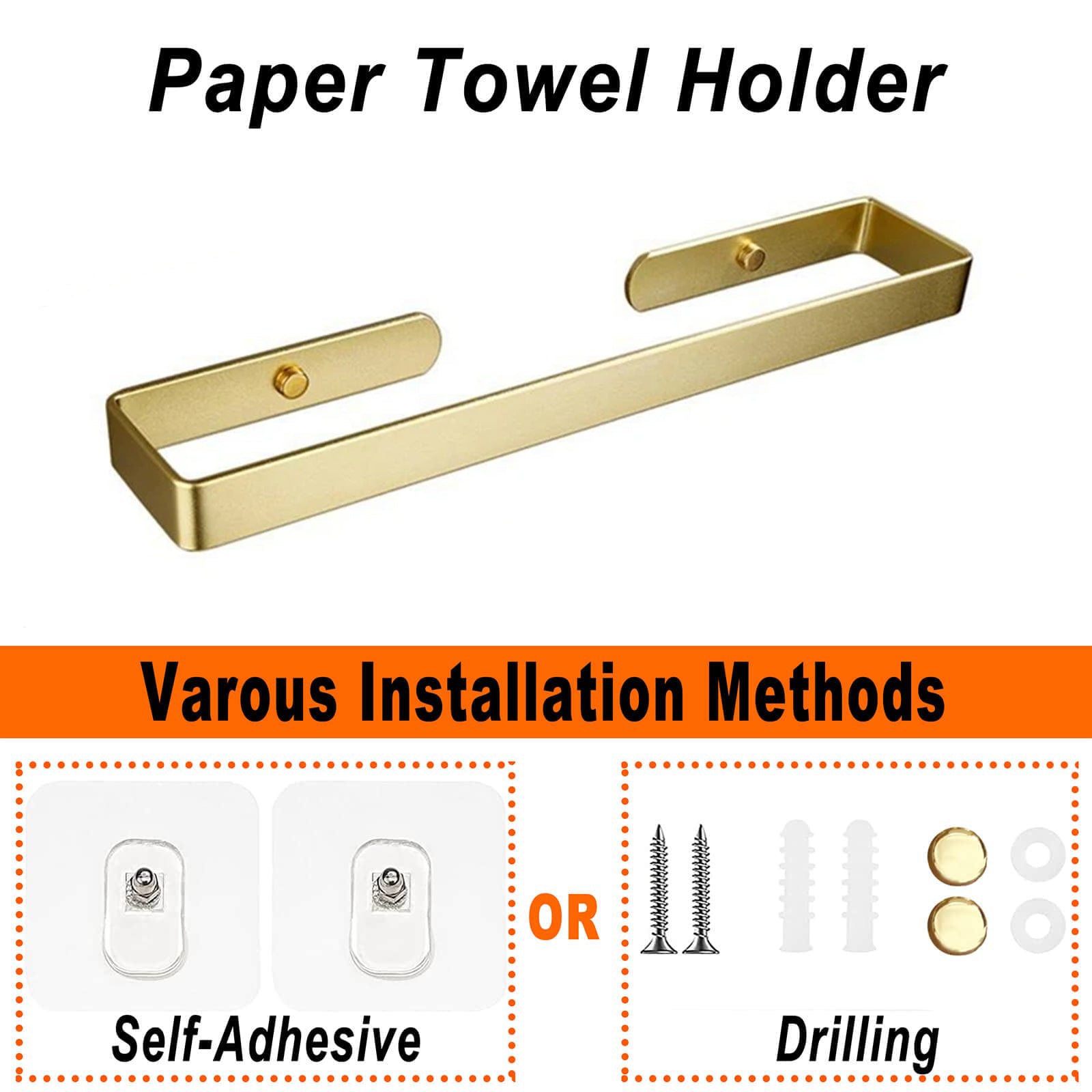 Gold Stainless Steel Paper Towel Holder, 40cm, Self-Adhesive or Screw Mount - SuperSaverAU - view 4