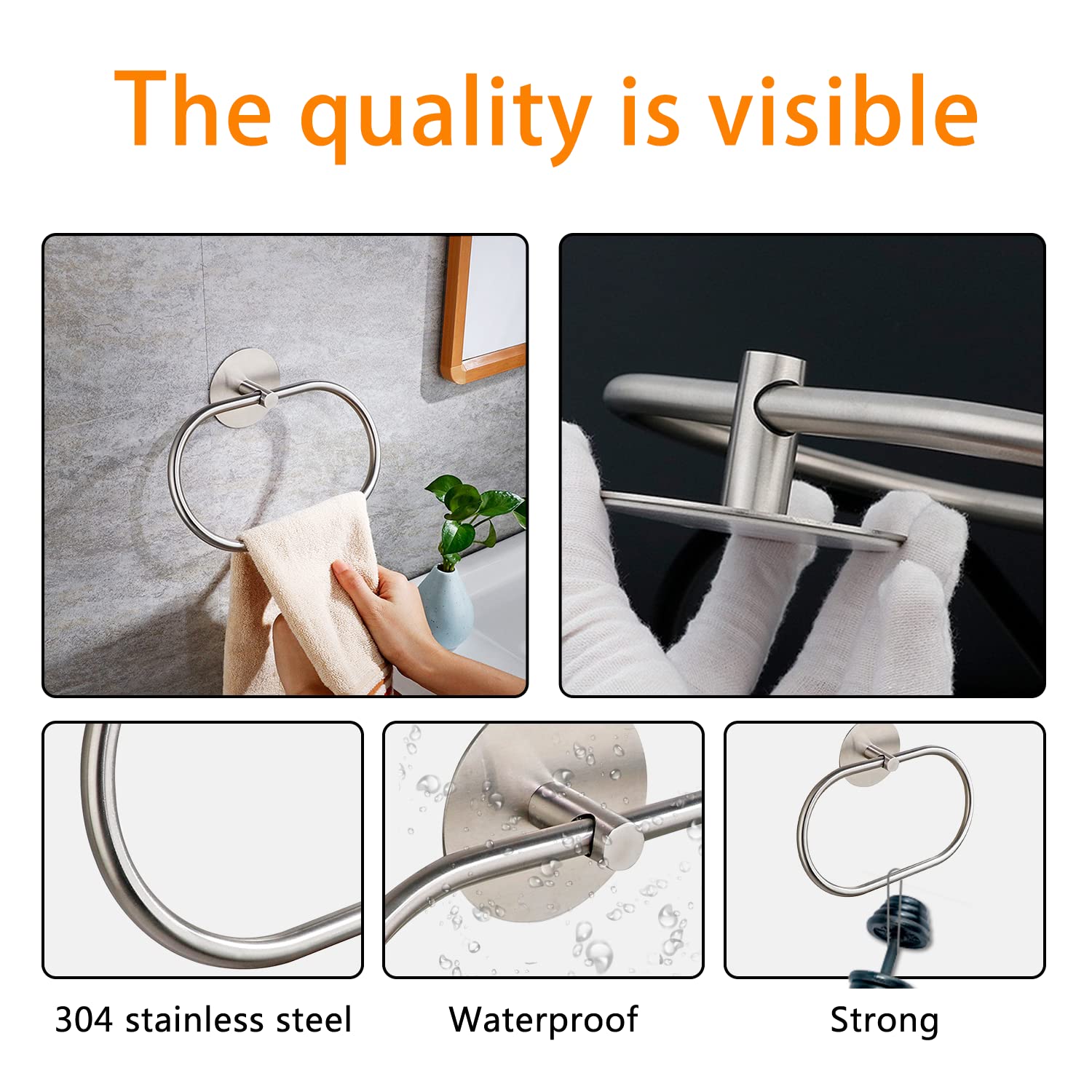 SUS304 Stainless Steel Bathroom Towel Ring 18cm x 16cm Matte Black Adhesive Holder - SuperSaverAU - view 3