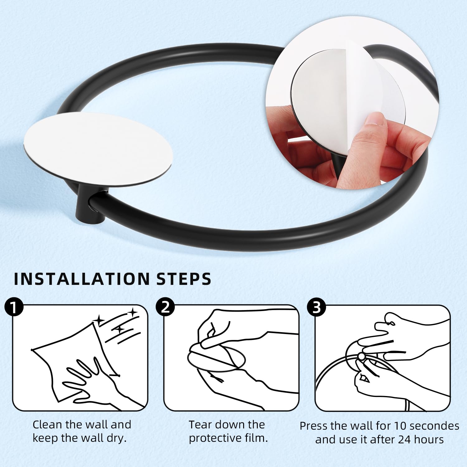 Black Bathroom Towel Ring, SUS304 Stainless Steel, 18cm x 16cm, Easy Install - SuperSaverAU - view 3