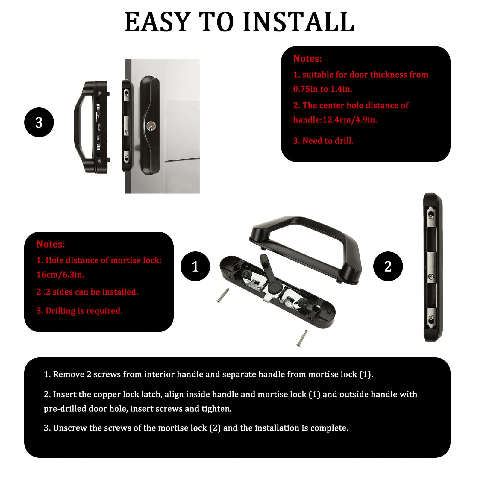 Sliding Patio Door Handle Set, Keyed Black, 0.75in-1.4in Door Thickness - SuperSaverAU - view 3