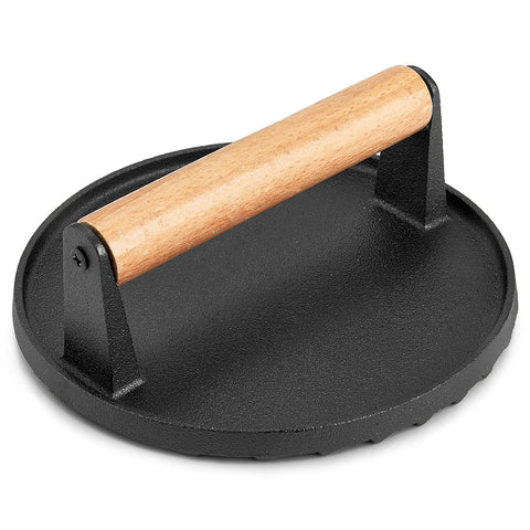 Premium Round Cast Iron Grill Press with Wooden Handle - Pre-Seasoned