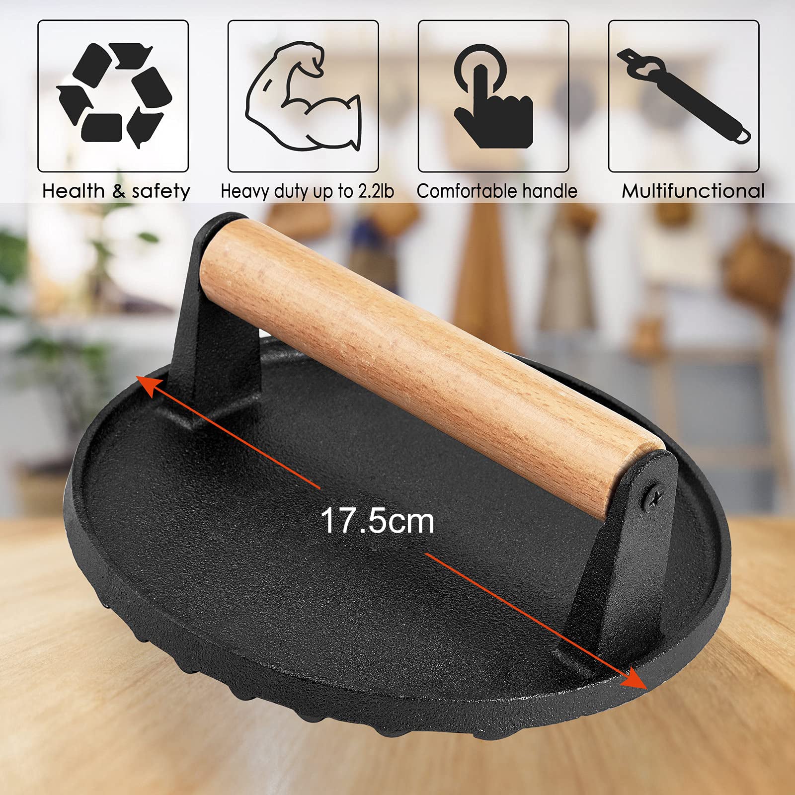 Premium Round Cast Iron Grill Press with Wooden Handle - Pre-Seasoned