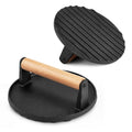 Premium Round Cast Iron Grill Press with Wooden Handle - Pre-Seasoned