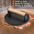 Premium Round Cast Iron Grill Press with Wooden Handle - Pre-Seasoned