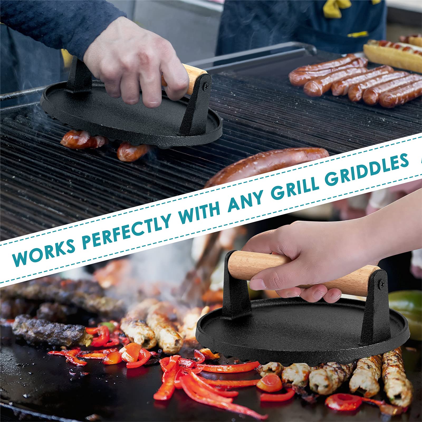 Premium Round Cast Iron Grill Press with Wooden Handle - Pre-Seasoned