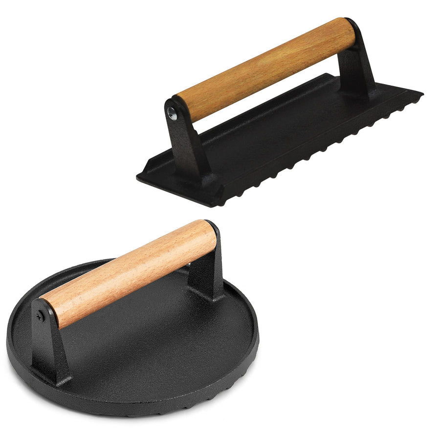 Premium Cast Iron Grill Press Set with Wooden Handles - 2 Piece