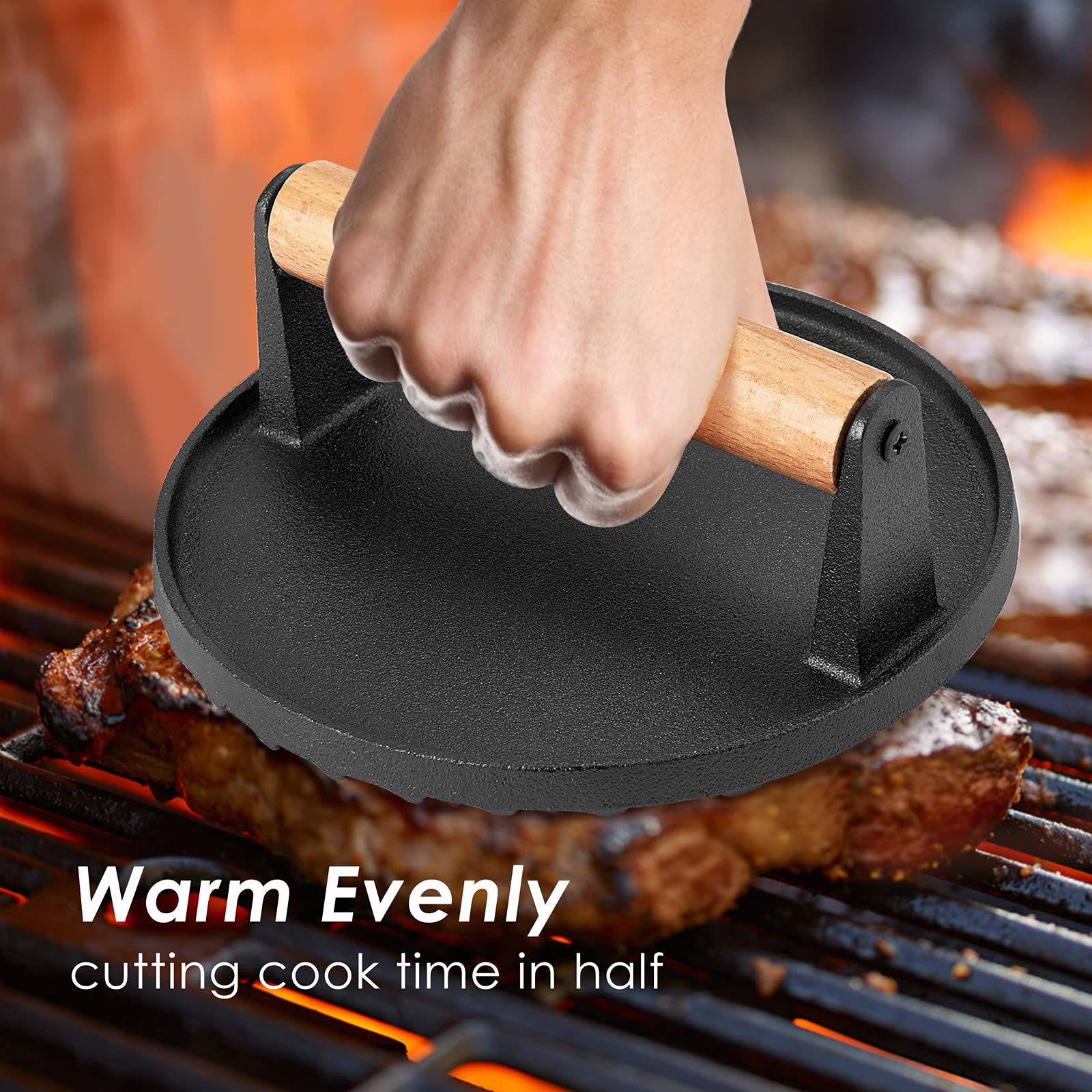 Premium Cast Iron Grill Press Set with Wooden Handles - 2 Piece
