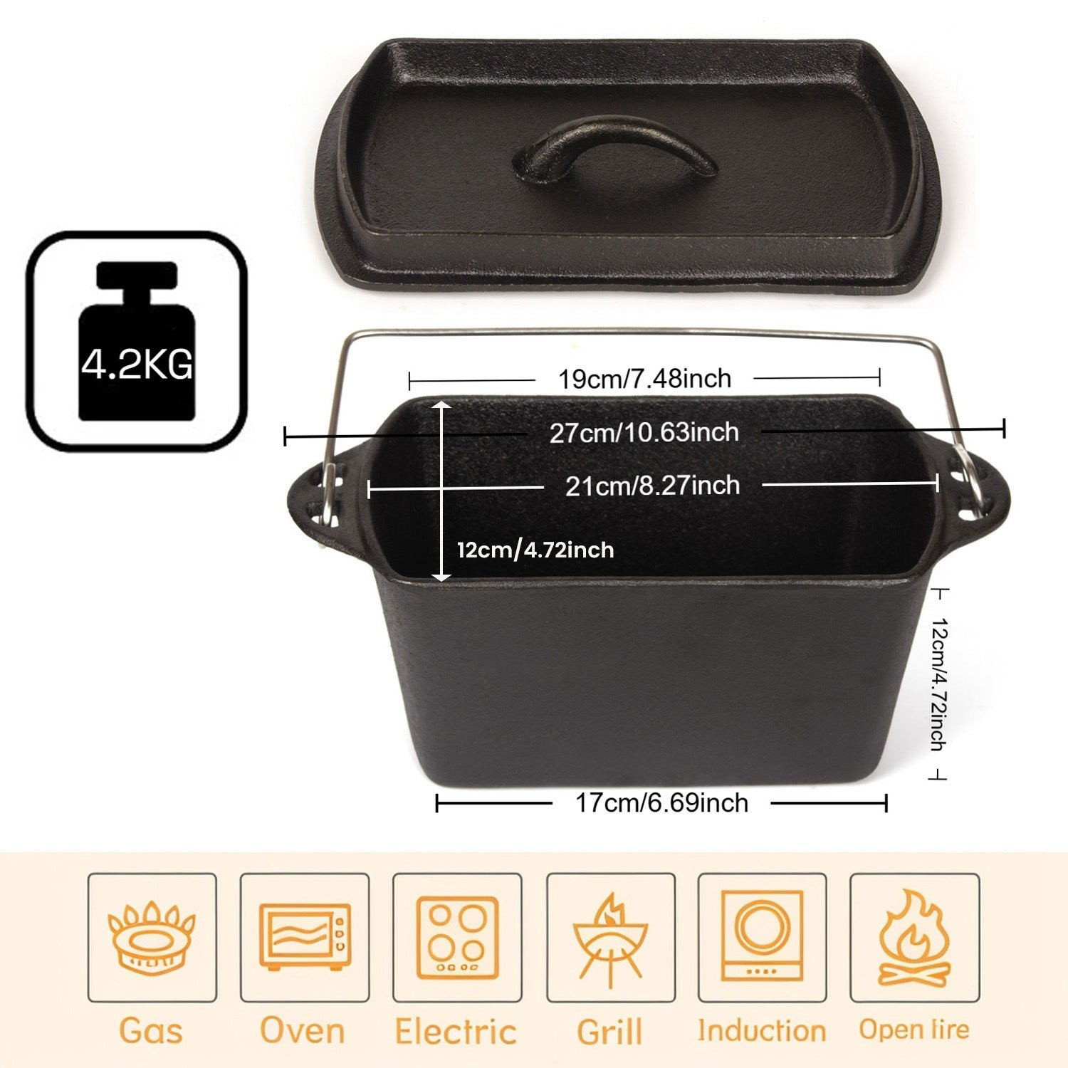 Cast Iron Bread Pan with Lid, Non-Stick, 27cm x 21cm x 17cm, Durable Baking - SuperSaverAU - view 7
