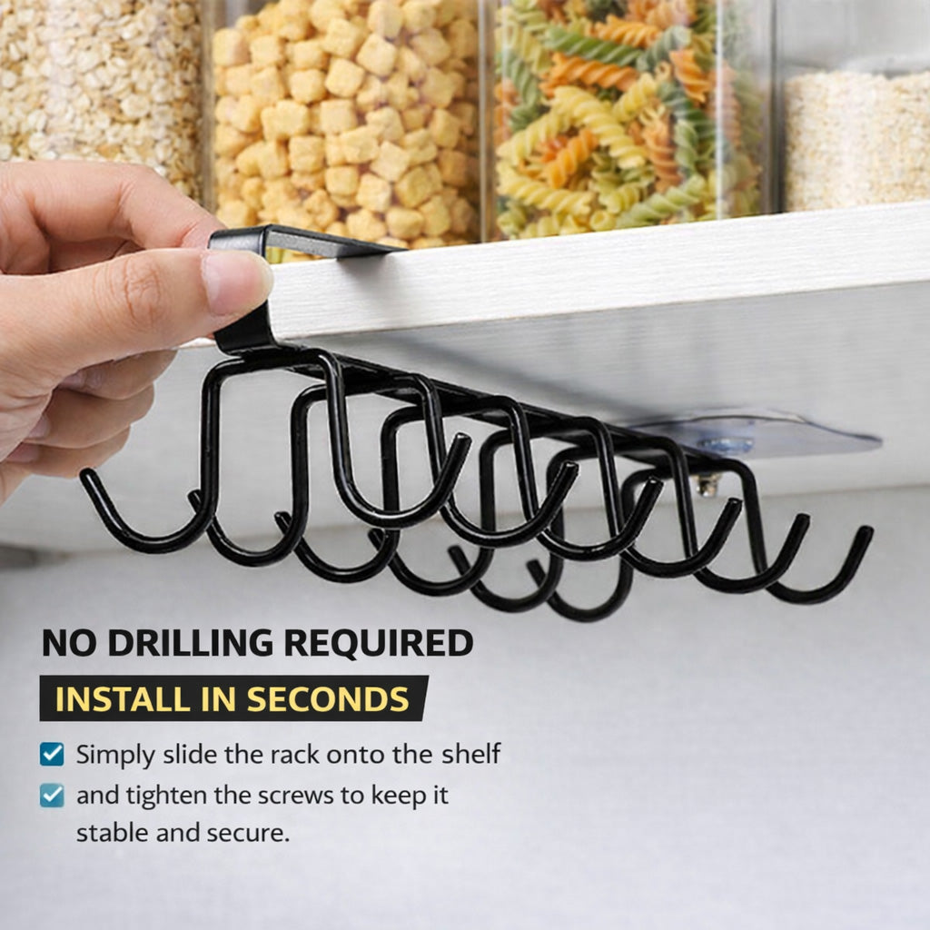 Under Cabinet Mug Holder 12 Hooks No Drill Cup Rack Organizer for Kitchen Storage Black - SuperSaverAU - view 2