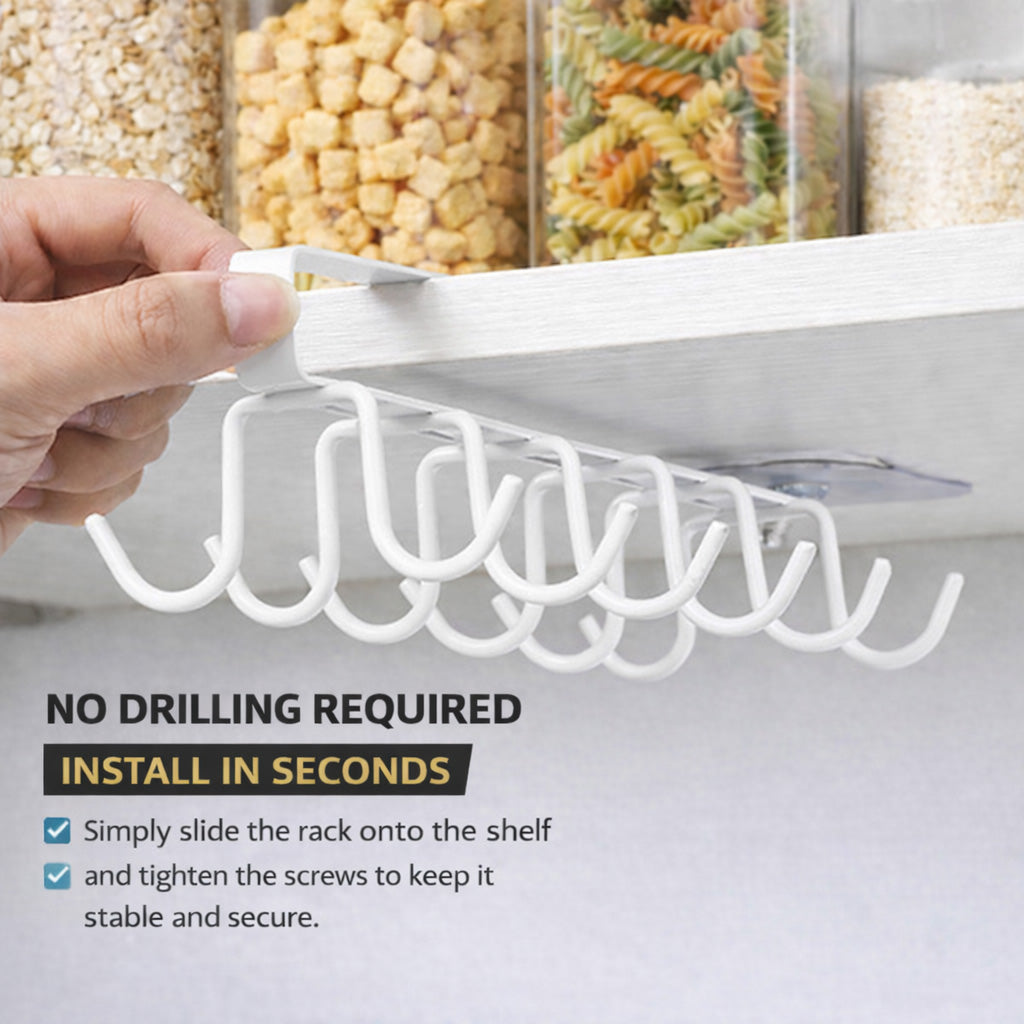 Under Cabinet Mug Holder 12 Hooks No Drill Cup Rack Organizer for Kitchen Storage White - SuperSaverAU - view 2