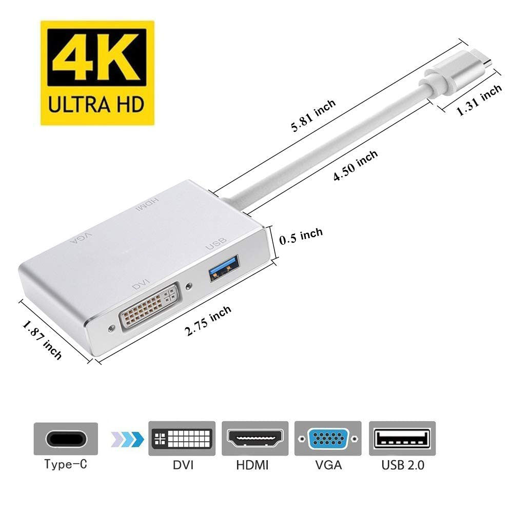 4in1 USB 3.1 Type-C Hub to HDMI DVI VGA 4K Video Adapter Multi-Display Converter