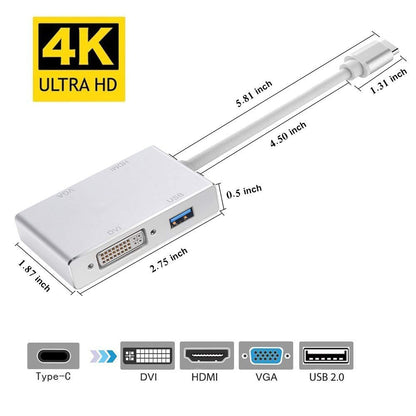 4in1 USB 3.1 Type-C Hub to HDMI DVI VGA 4K Video Adapter Multi-Display Converter