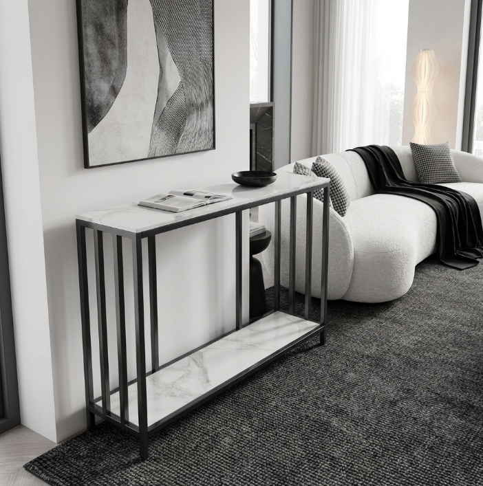 Interior Ave Bronte White Marble Stone Console Table Dual Layer 120cm