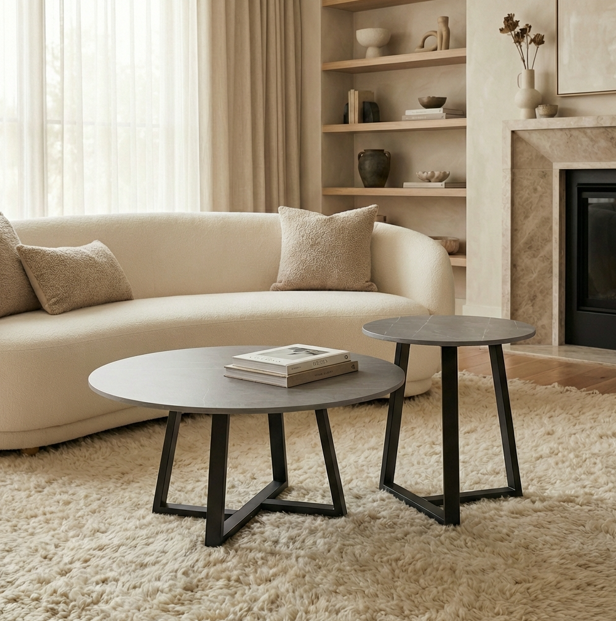 Interior Ave Broadway Grey Stone Marble Two Tier Coffee Table Set - 80x40cm & 45x50cm - SuperSaverAU - view 1