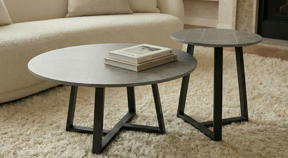 Interior Ave Broadway Grey Stone Marble Two Tier Coffee Table Set - 80x40cm & 45x50cm - SuperSaverAU - view 2