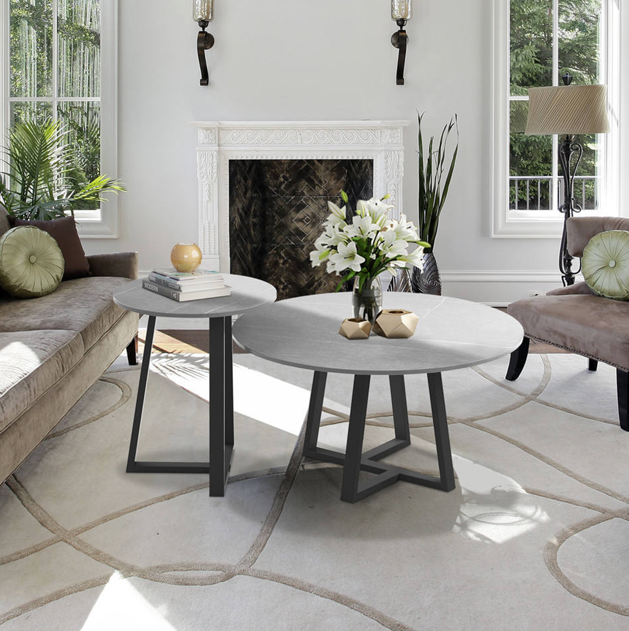 Interior Ave Broadway Grey Stone Marble Two Tier Coffee Table Set - 80x40cm & 45x50cm - SuperSaverAU - view 6
