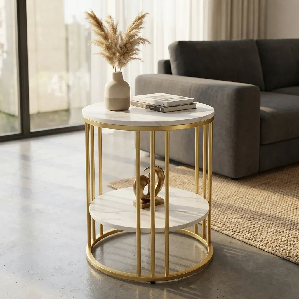 Interior Ave Cleo Gold Two Shelf Stone Side Table 40x40x53cm