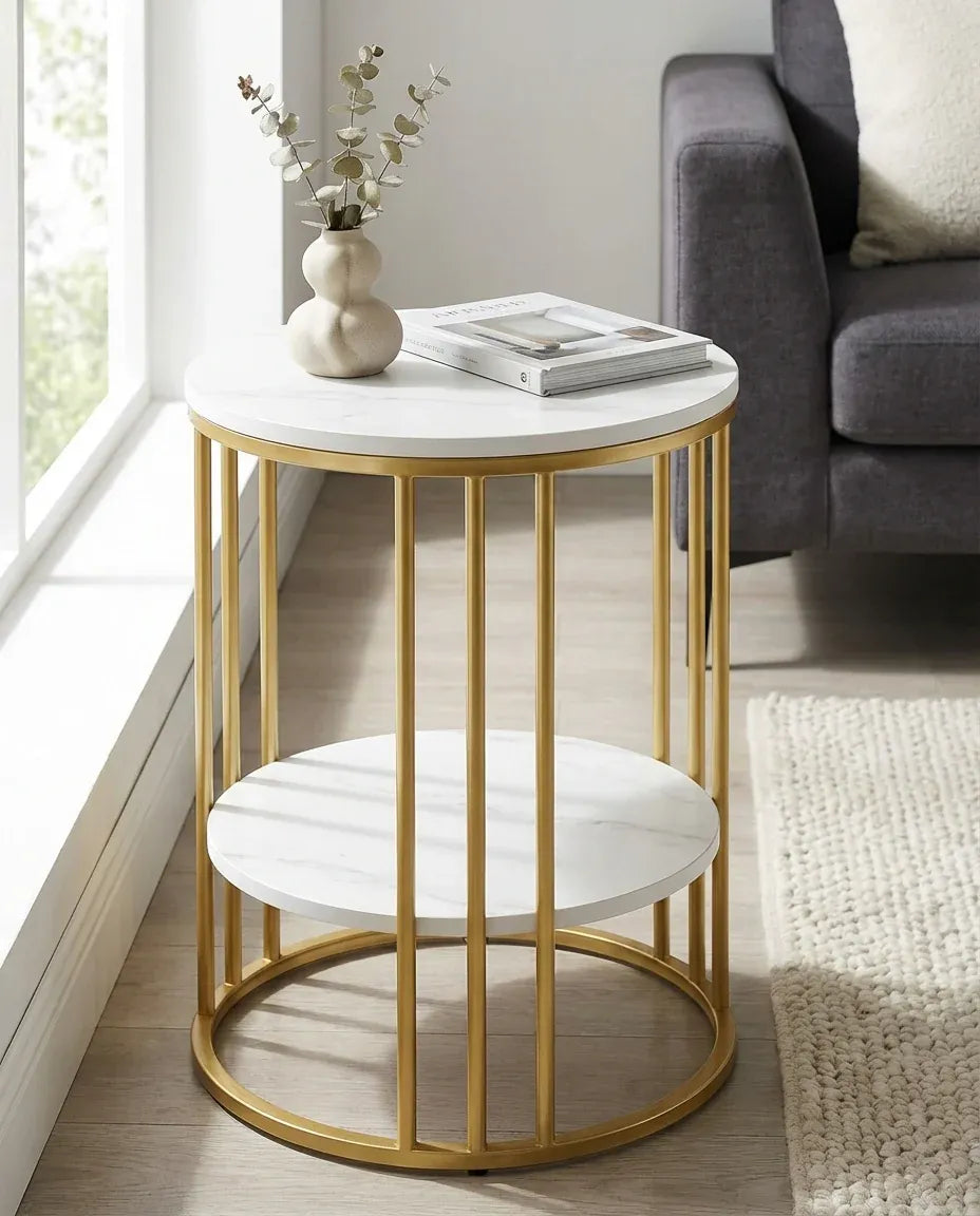 Interior Ave Cleo Gold Two Shelf Stone Side Table 40x40x53cm