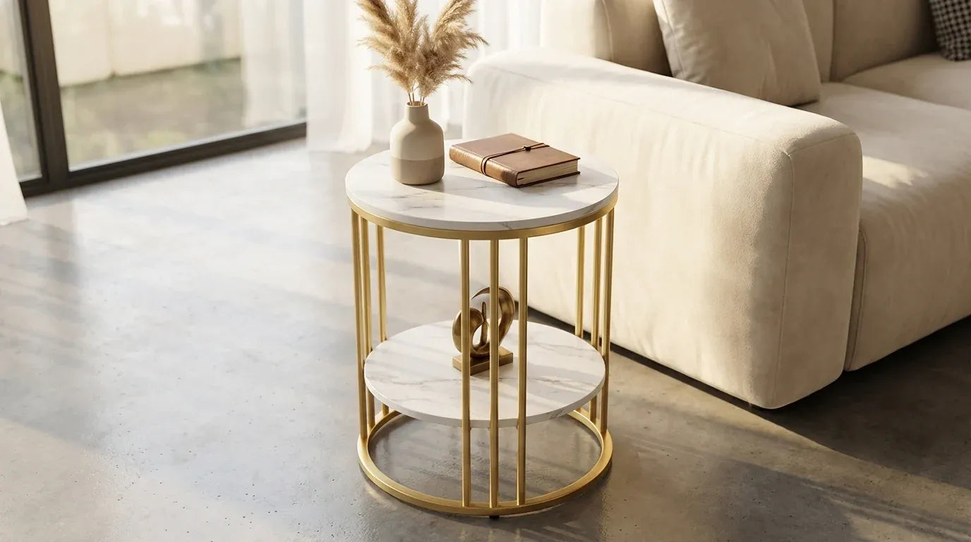 Interior Ave Cleo Gold Two Shelf Stone Side Table 40x40x53cm